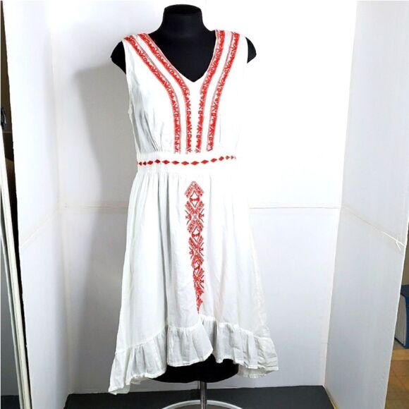 100% Cotton Embroidered Sleeveless Dress High-low Hem Boho-Chic Fit n Flare M - Picture 2 of 9